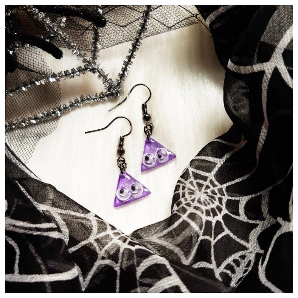 Purple Googly Eye Earrings Triangle Handmade Mini Resin Dangle Earrings